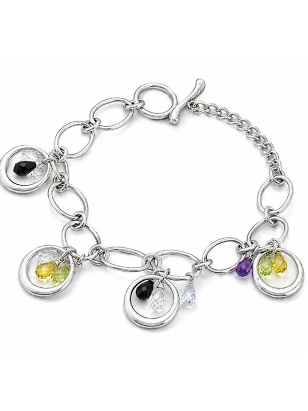 Garnet, Amethyst, W/Sapphires & Yellow Topaz Charm Bracelet .925 Silver